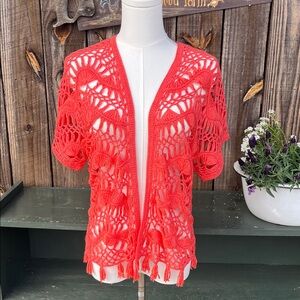 New directions size Large short sleeve orange, crochet topper vest kimono